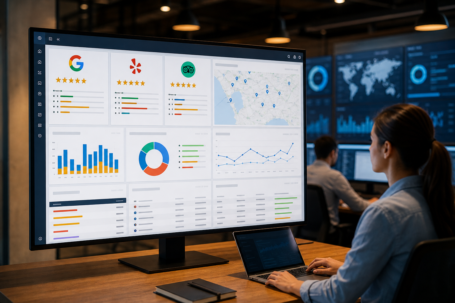 A multi-location business dashboard displaying review ratings across Google, Yelp, and TripAdvisor on a large widescreen monitor in a modern marketing operations room with warm overhead lighting