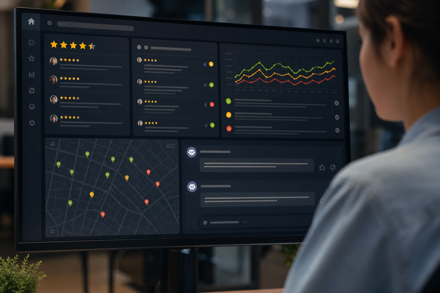 Close-up of a review management dashboard screen showing star ratings, AI-generated response drafts, and sentiment trend lines across multiple locations, lit by warm monitor glow in a marketing operations room