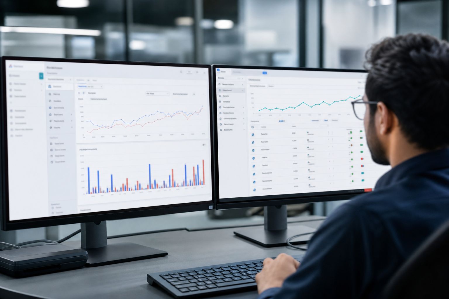 Close-up of a dual-monitor marketing workstation showing live Google Ads Manager and Meta Ads Manager dashboards with ROAS graphs under cool office lighting