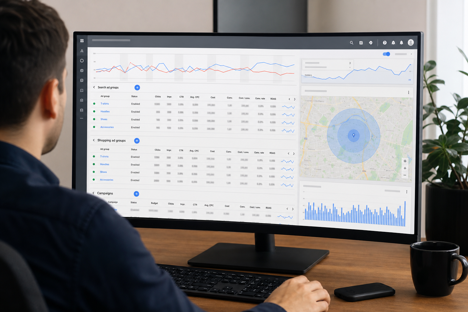Side-by-side view on a marketing workstation monitor showing a Google Ads Manager campaign dashboard with active search and shopping ad groups, ROAS metrics, and a location targeting map overlay