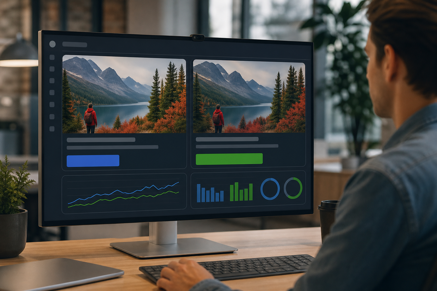 Split-screen display of two paid ad variants on a monitor, showing headline and CTA differences highlighted by performance data charts in a modern marketing workspace