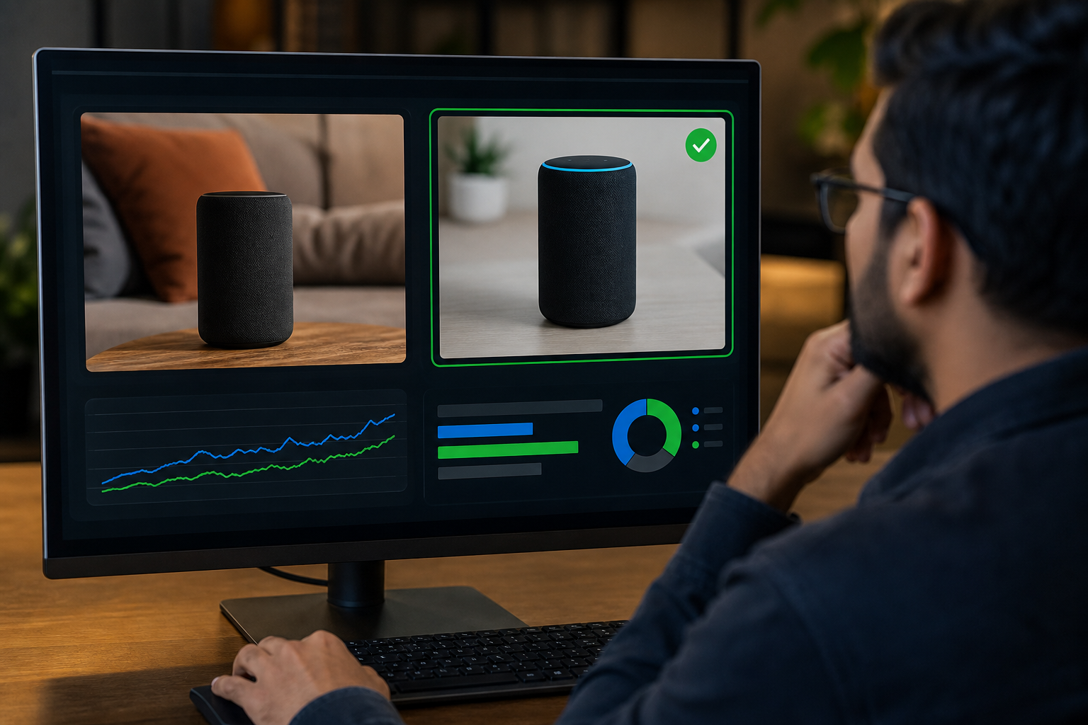 Split-screen view of two paid ad creatives on a monitor, one highlighted as the winning variant with performance metrics and CTR lift data on a dark analytics dashboard