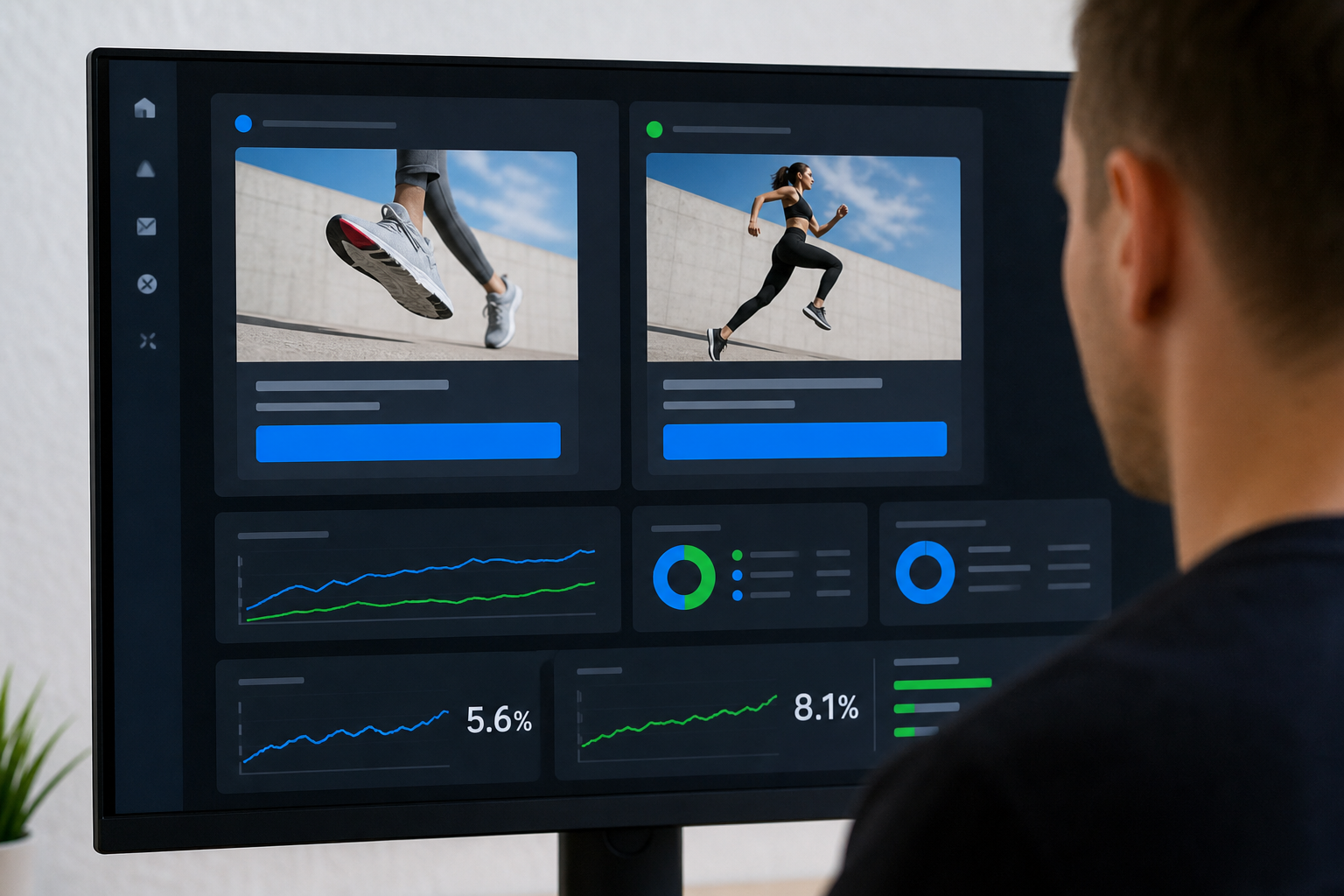 Split-screen display of two paid ad variants on a monitor showing headline and CTA tests, with performance metrics and click-through rates updating in real time on a dark analytics dashboard
