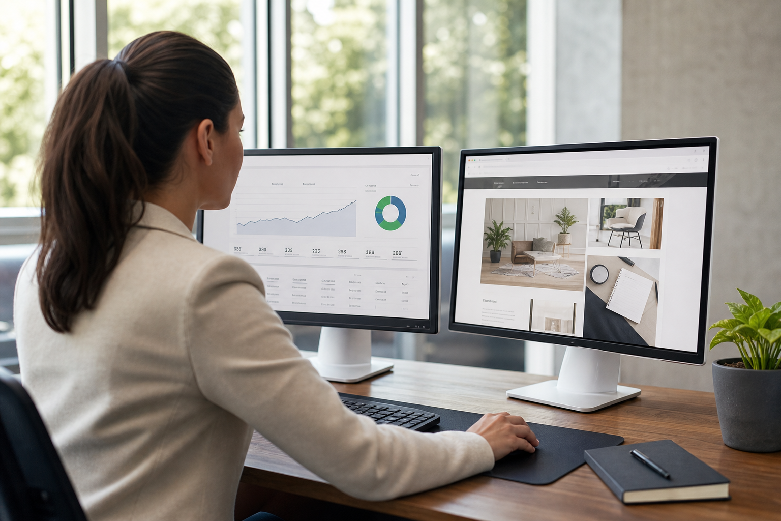 Small business owner reviewing SEO rankings and web design mockups on a dual-monitor desktop setup in a bright, modern office with natural light