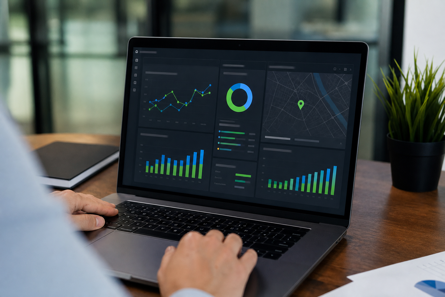 Close-up of Cube's marketing dashboard on a laptop screen showing SEO rankings, Google Business Profile scores, and web traffic metrics side by side in a modern office setting
