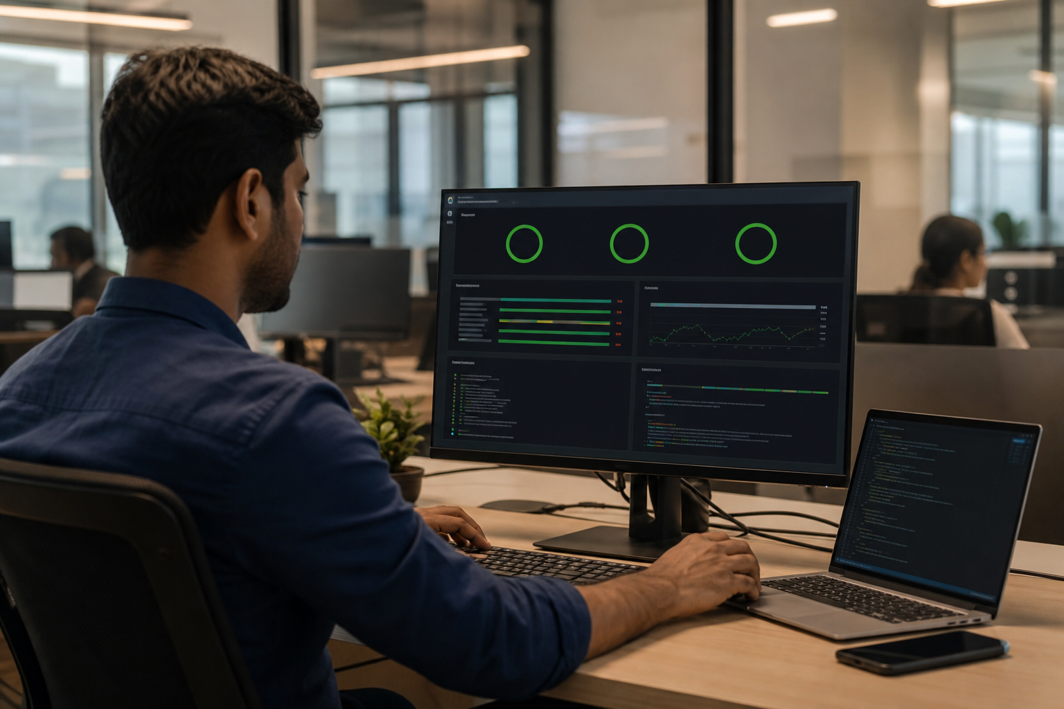A developer's monitor displaying green Core Web Vitals scores for LCP, CLS, and INP against a dark-themed browser performance audit dashboard in a modern India office setting