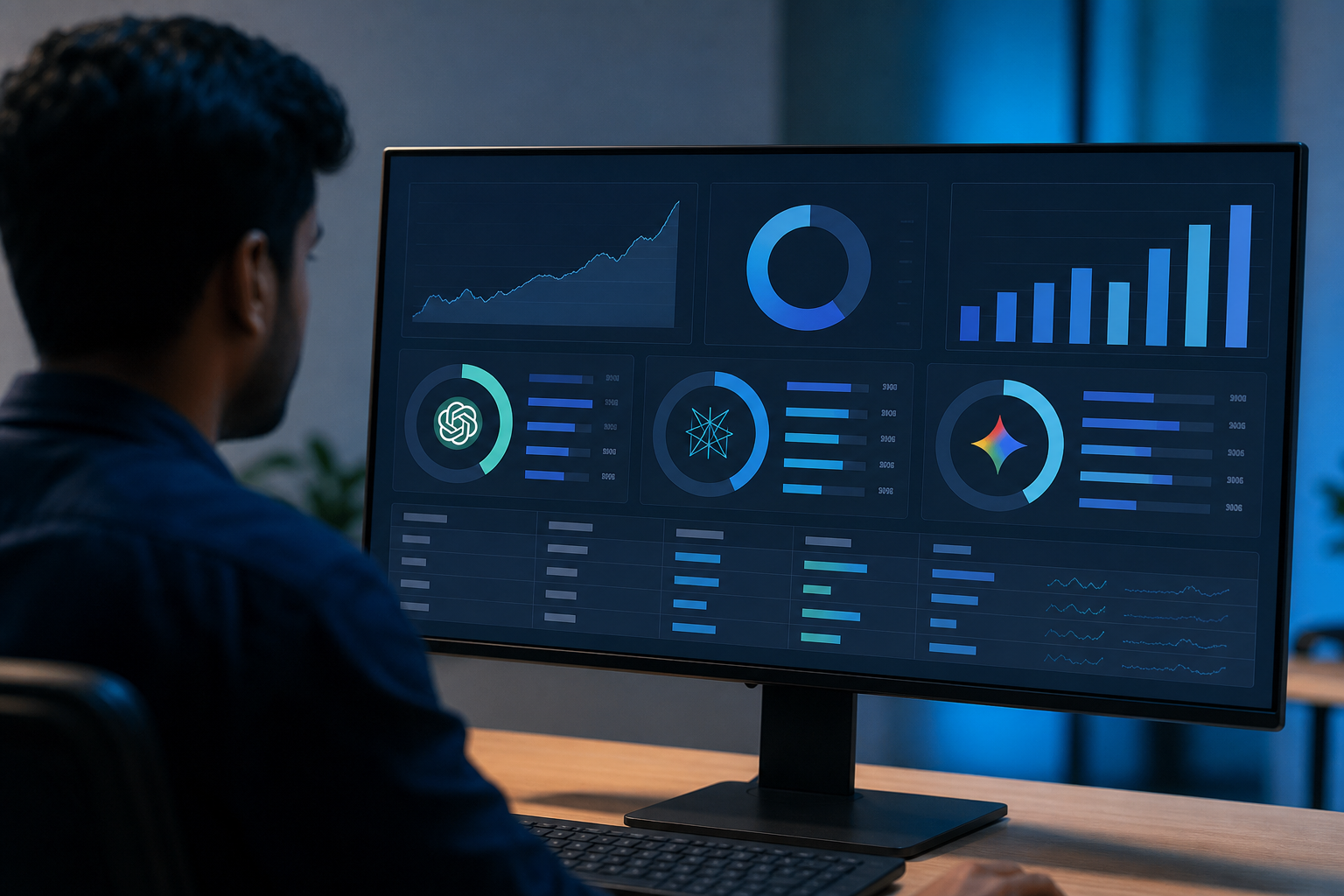 A structured content dashboard on a widescreen monitor displaying brand citation scores across ChatGPT, Perplexity, and Google AI Overviews, with color-coded entity authority metrics lit in blue and white against a dark interface