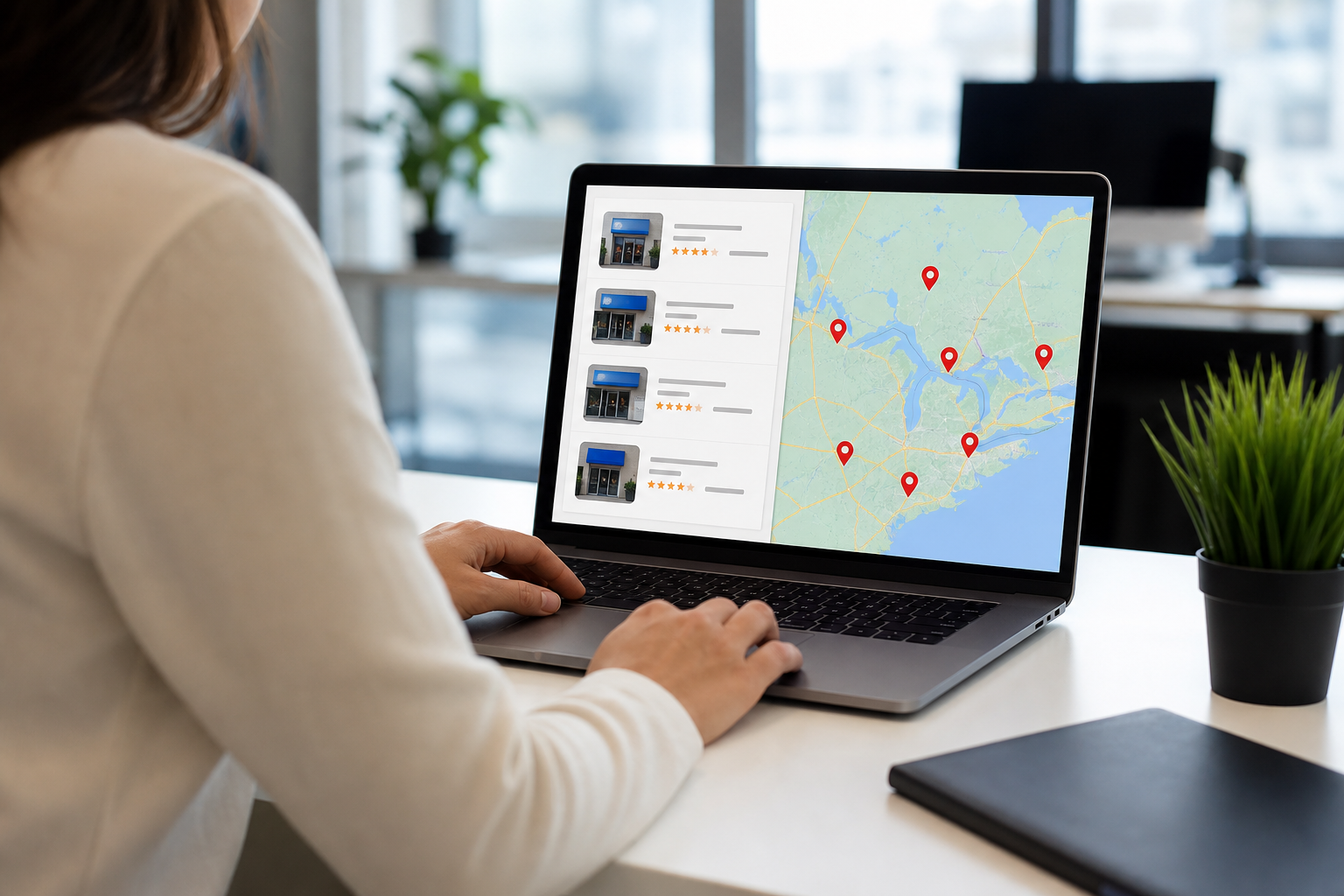 A split-screen view of Google Maps search results showing multiple verified business location pins for a single brand, displayed on a laptop screen in a modern marketing office with soft natural light.