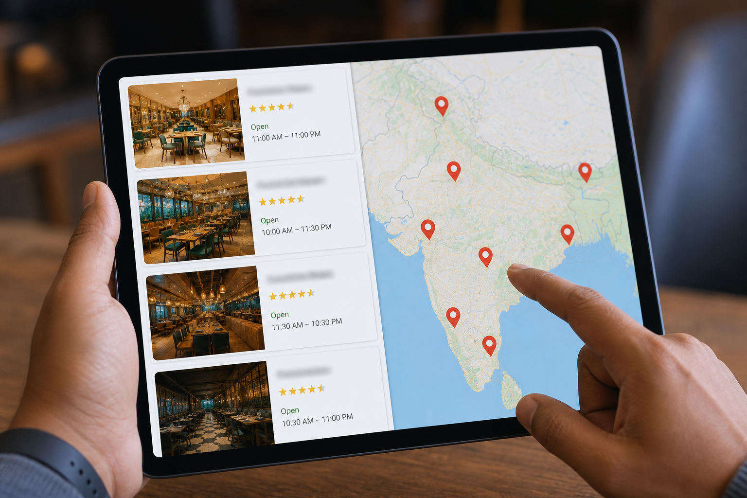 A split-screen showing multiple Google Maps pins for a restaurant chain across Indian cities, each listing displaying accurate hours, star ratings, and high-quality interior photos on a tablet screen.