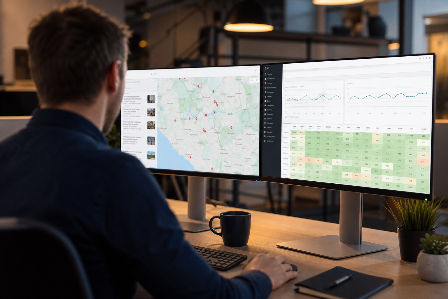 Wide shot of a dual-monitor workstation showing a Google Maps local pack and keyword ranking dashboard for multiple Canadian cities, warm office lighting