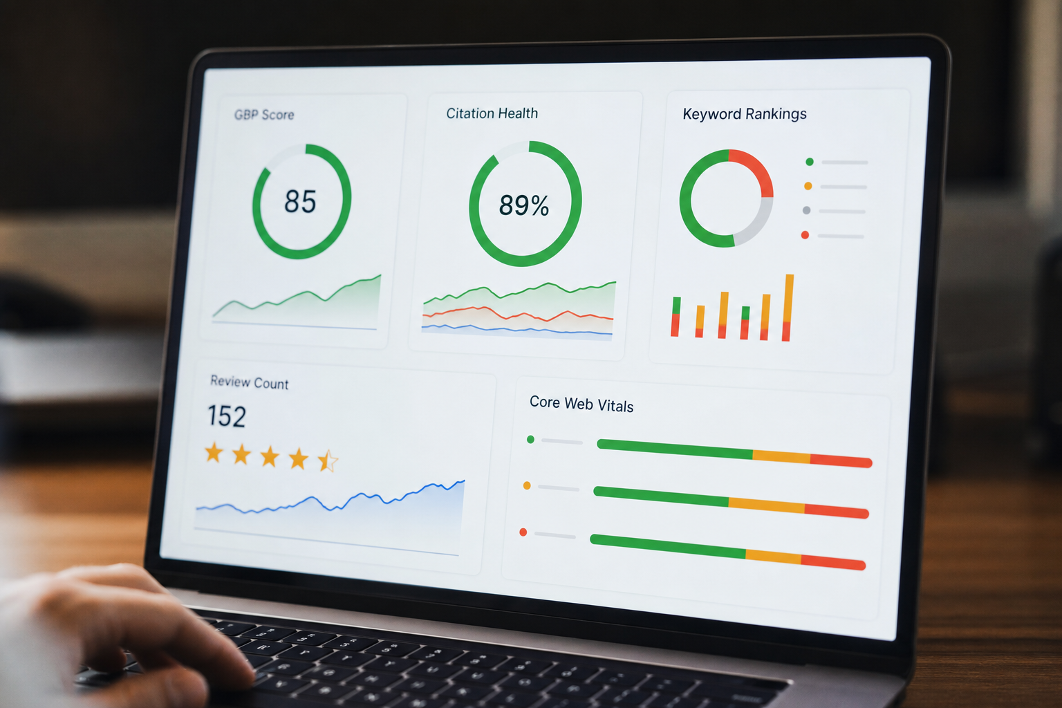 Close-up of a screen showing five labeled SEO dashboard panels: GBP score, citation health, keyword rankings, review count, and Core Web Vitals metrics for a Calgary location