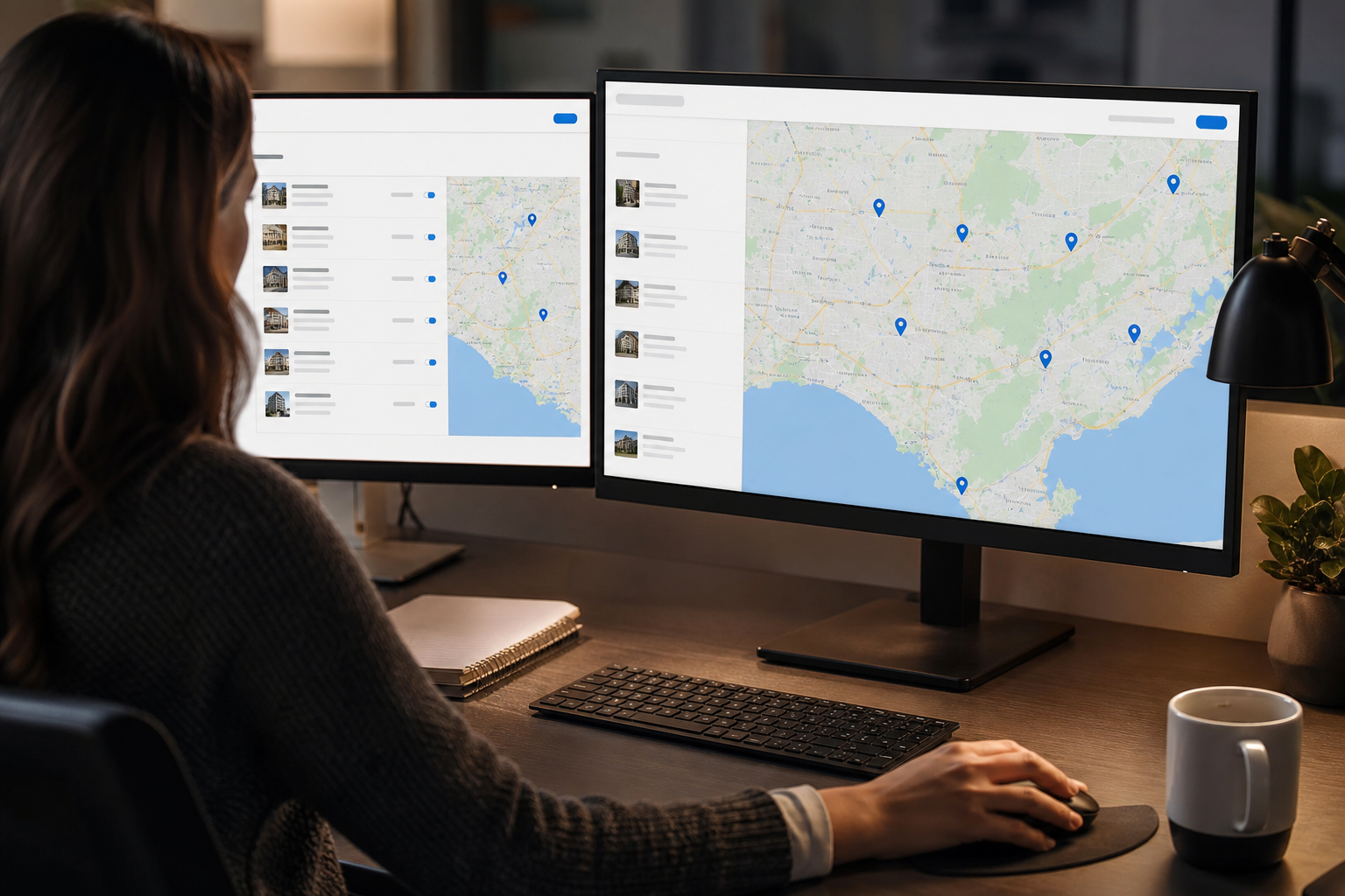 A franchise marketing manager's dual-monitor desk setup showing Google Business Profile dashboard with multiple location pins on a Google Maps interface, warm office lighting.