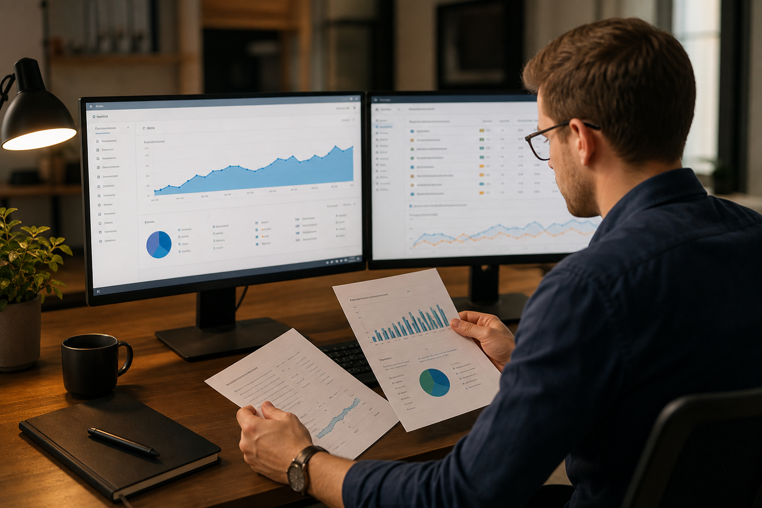 Marketing director reviewing SEO agency proposals on a dual-monitor desk setup, keyword ranking charts and organic traffic graphs visible on screen, warm office lighting