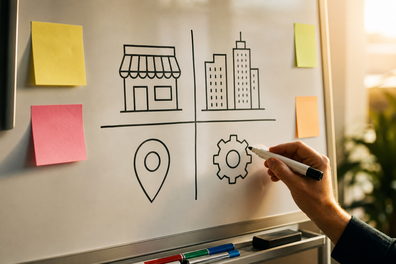 Close-up of a whiteboard showing a two-by-two grid mapping local SEO vs technical SEO against business type, dry-erase markers and sticky notes in the same warm office lighting as hero
