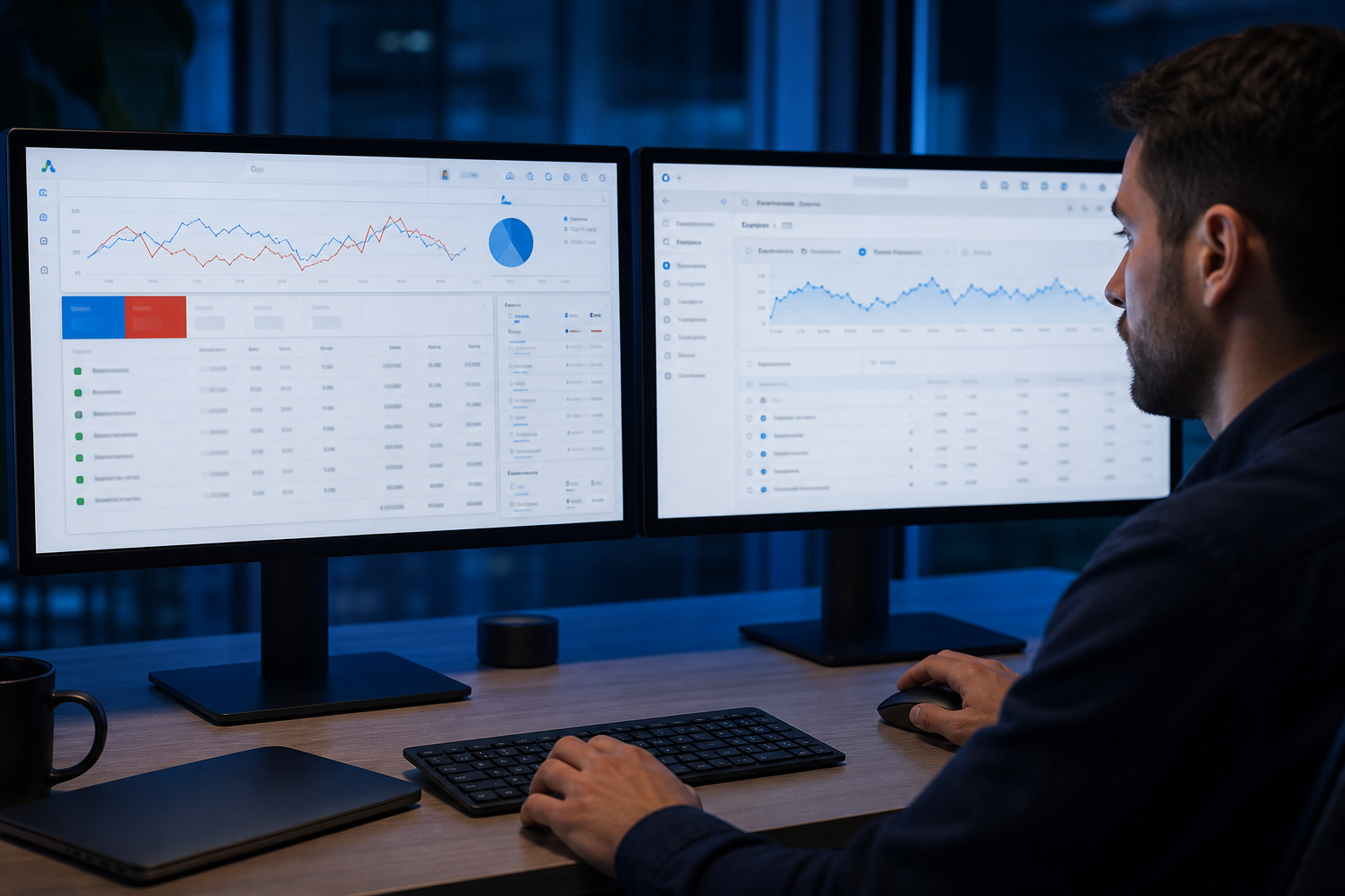 Wide shot of a dual-monitor performance marketing workstation displaying Google Ads Manager and Meta Ads Manager dashboards side by side, bathed in cool blue office lighting