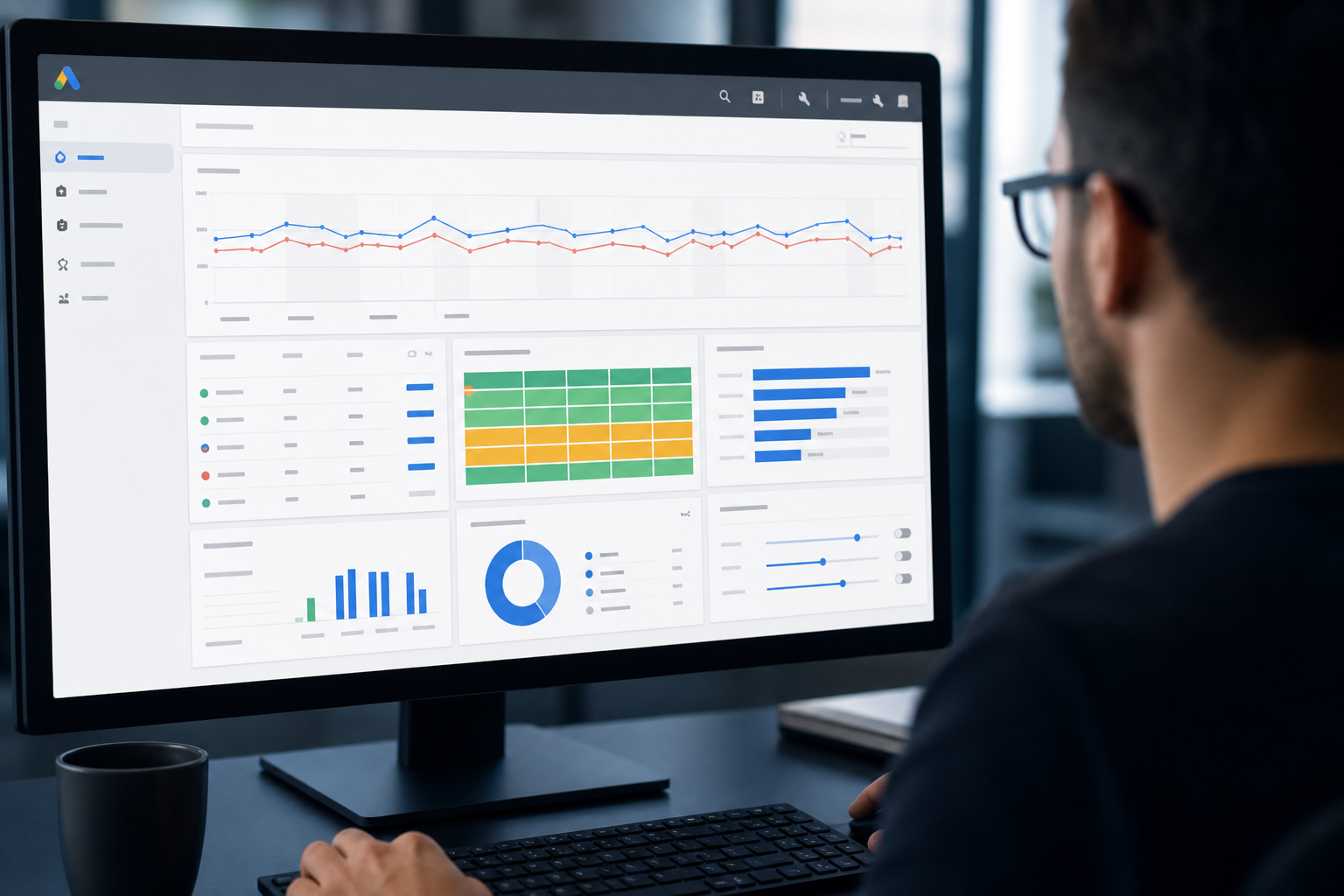 Close-up of a Google Ads Manager dashboard on a monitor showing campaign performance metrics, Quality Score indicators, and budget allocation controls in the same cool-lit office environment