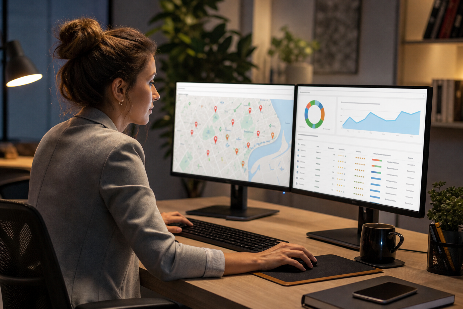 Marketing manager at a desk reviewing a multi-location Google Business Profile dashboard on dual monitors, with location pins and search rankings visible on screen, warm office lighting