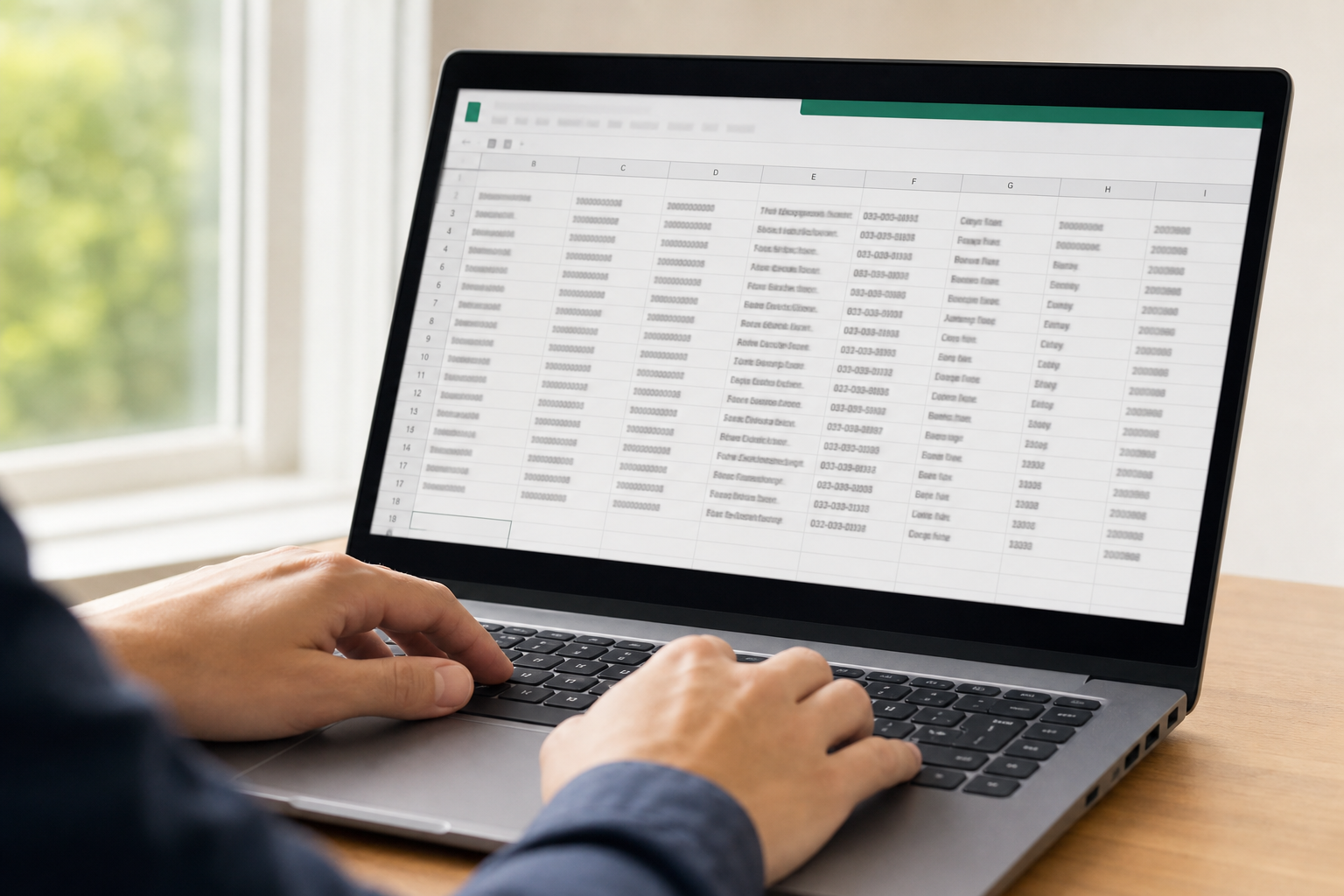 Close-up of a laptop screen showing a Google Business Profile bulk upload spreadsheet with location rows, store codes, and NAP fields filled in, natural window light