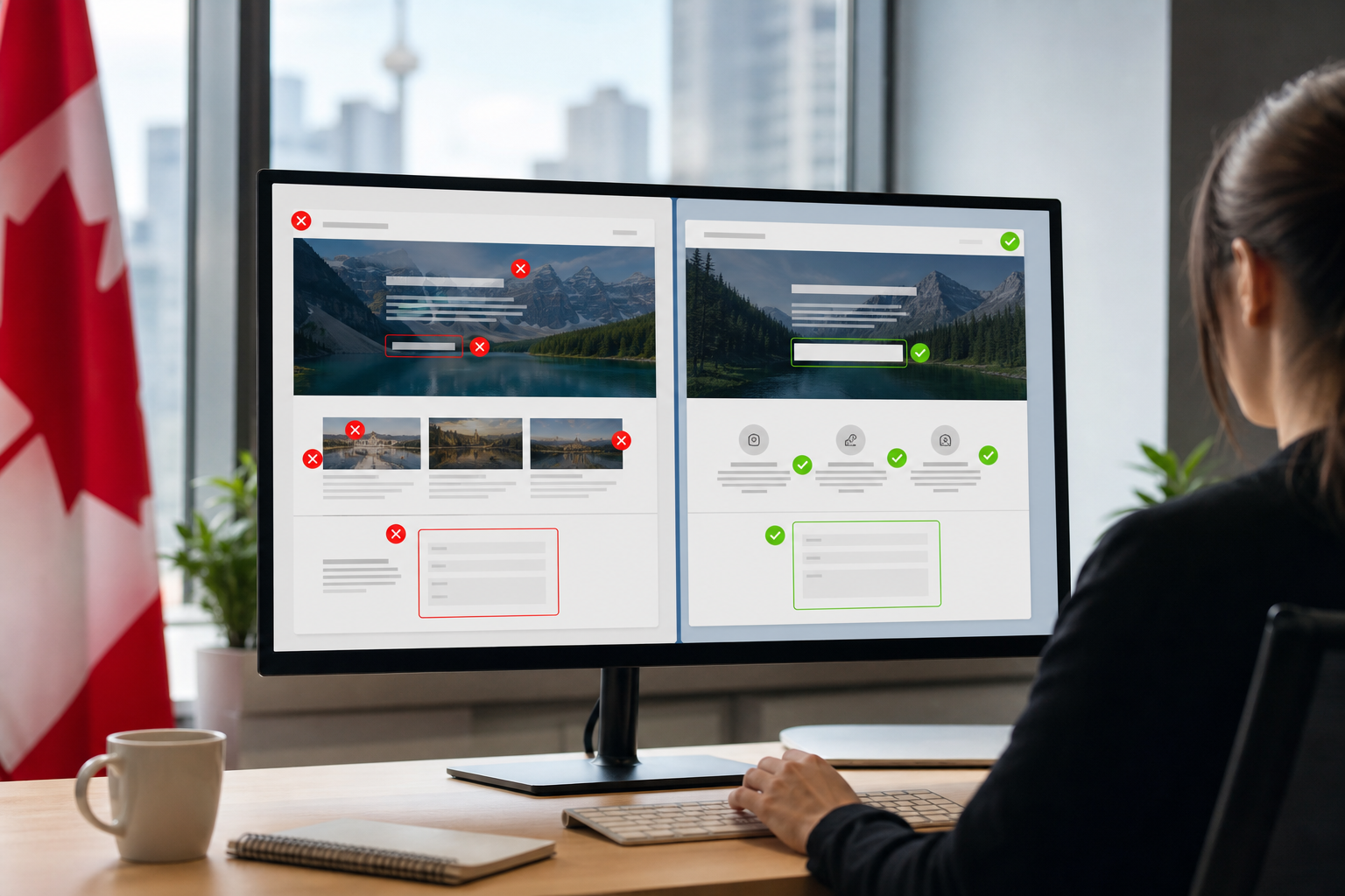 A split-screen of two landing page versions side-by-side on a monitor, one with red friction indicators and one with green conversion markers, in a bright Canadian digital agency workspace.
