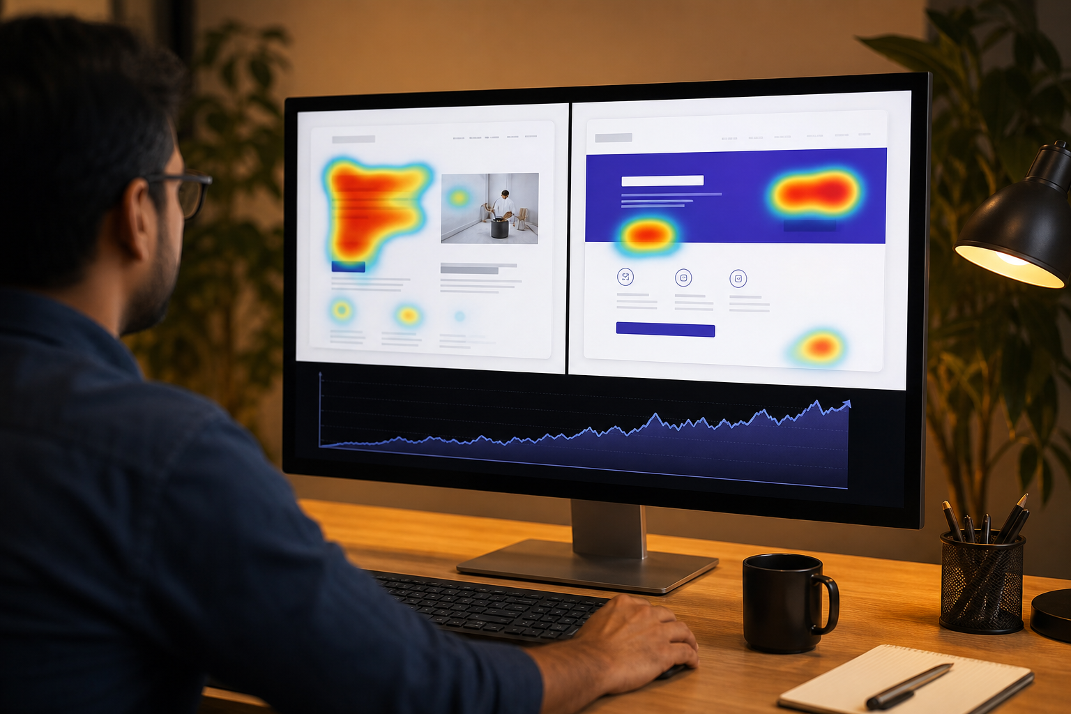 A conversion rate optimization audit in progress: split-screen showing a before-and-after service page redesign on a monitor, with annotated heatmaps and a rising conversion graph in warm office lighting