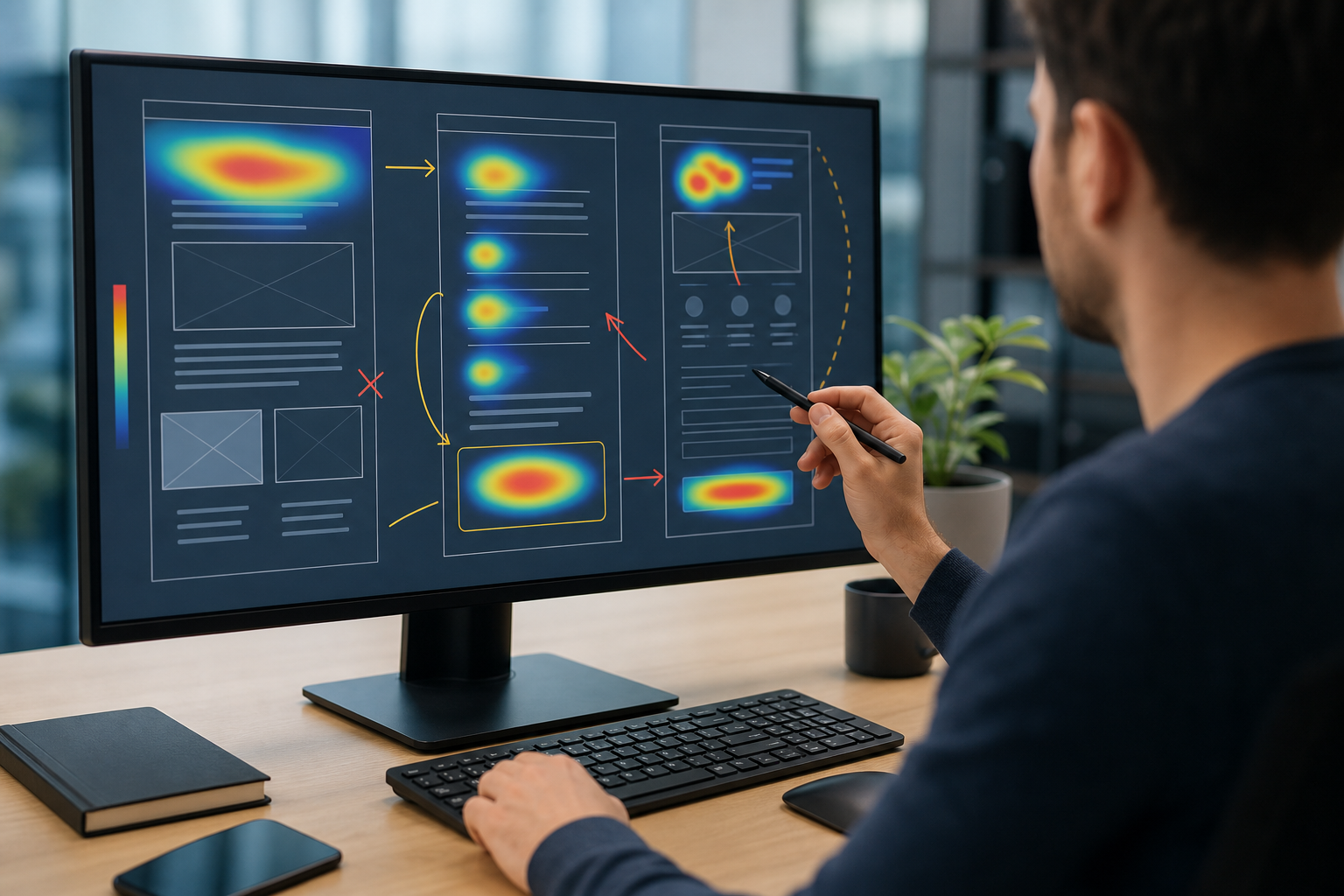 A conversion rate optimization audit in progress: annotated landing page wireframe on a large monitor, showing heatmap overlays, CTA placement markers, and form friction analysis notes in a modern marketing workspace.