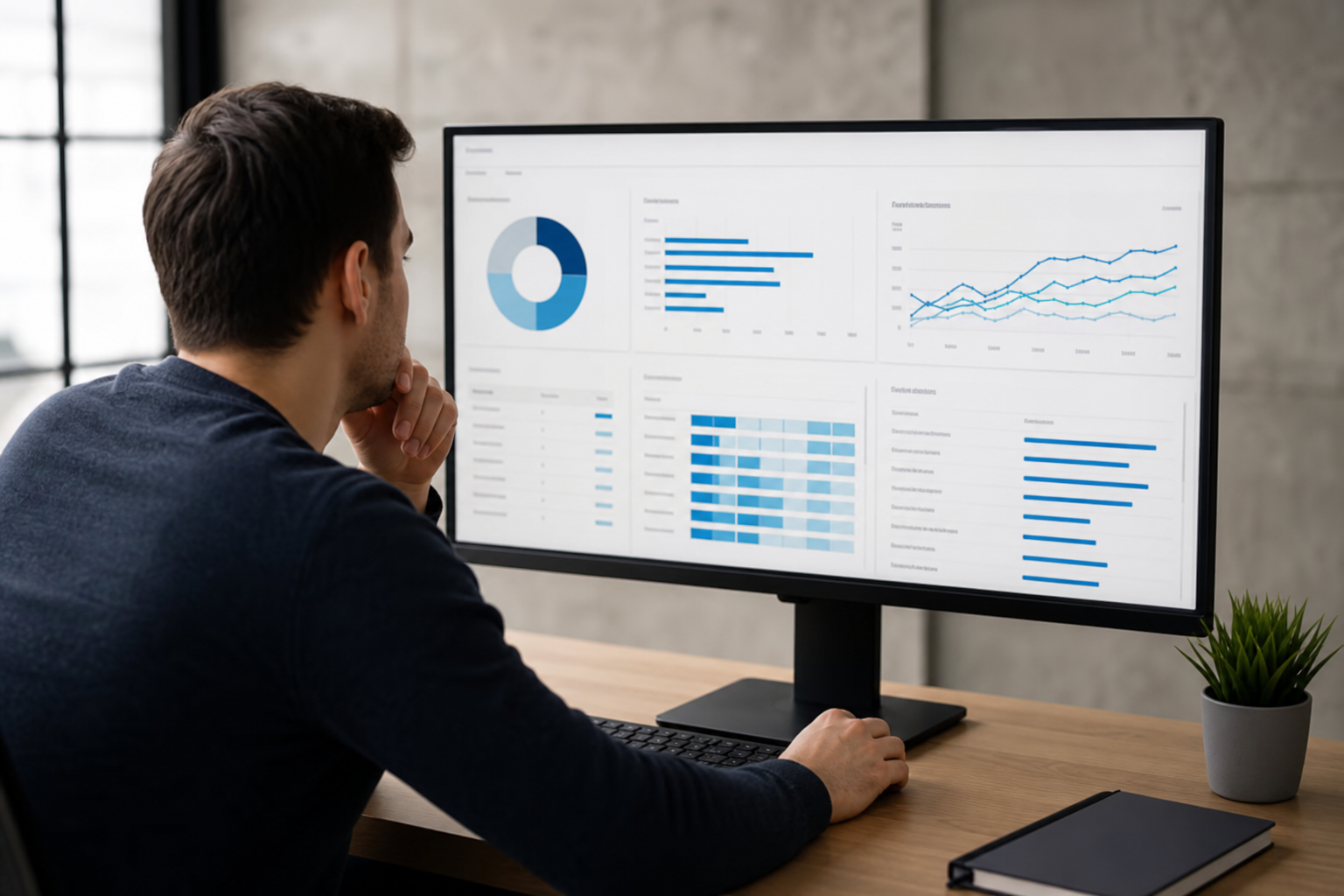 A marketing strategist reviewing a detailed SEO site audit report on a widescreen monitor, with keyword ranking charts and header structure highlighted in blue and white