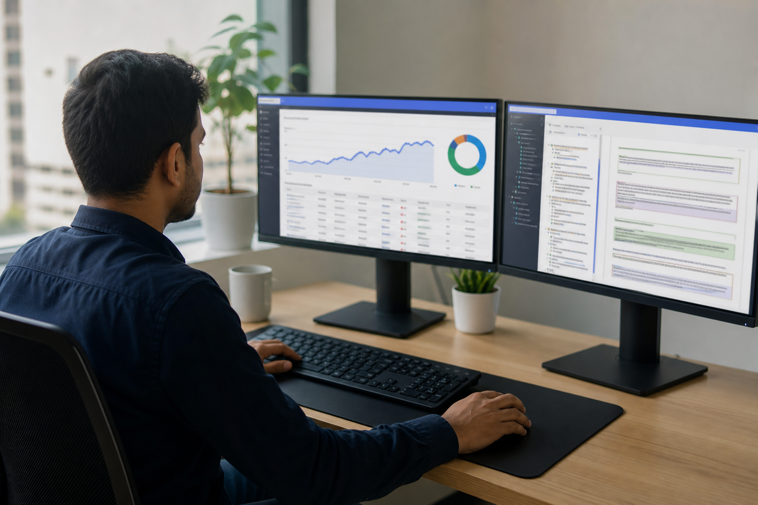 SEO strategist reviewing a service page audit on dual monitors showing keyword rankings, header structure, and meta tag edits in a clean, modern office in India