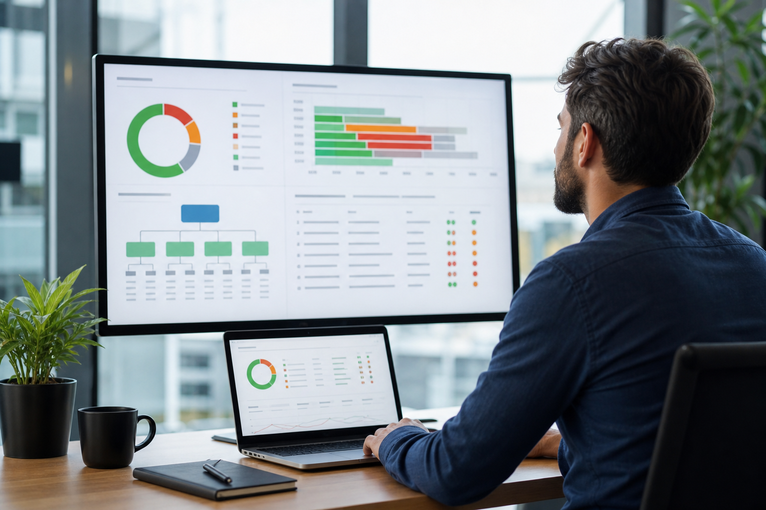 A strategist reviewing an SEO site audit on a large monitor, with color-coded keyword rankings, header hierarchy diagrams, and on-page optimization scores visible on screen in a modern office.