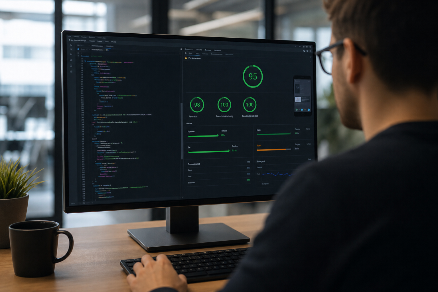 A developer's monitor displaying Lighthouse performance scores with LCP, CLS, and INP metrics in green against a dark code editor background in a modern office.