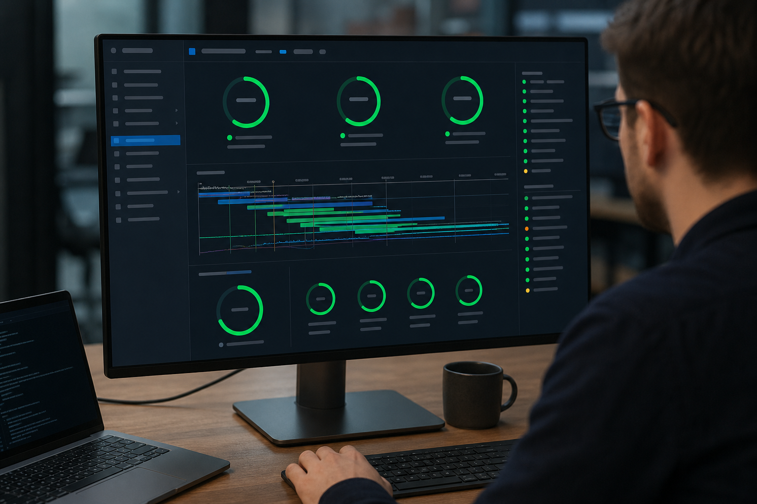 Developer dashboard showing LCP, CLS, and INP Core Web Vitals scores in green against a dark interface, with performance waterfall charts and lighthouse audit results visible on a wide monitor