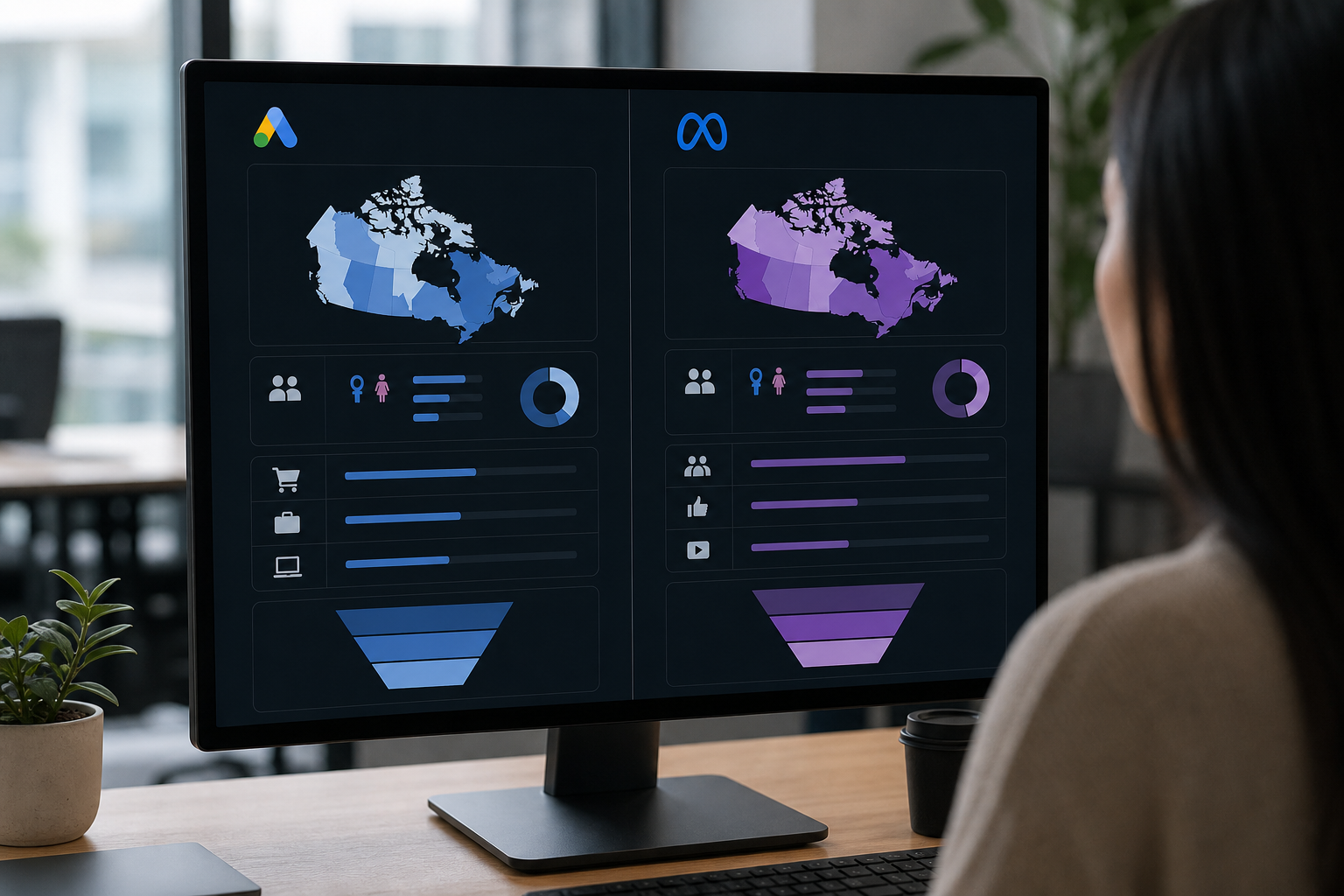 Split-screen dashboard showing Google Ads and Meta Ads audience segmentation panels with demographic filters, in-market signals, and funnel-stage overlays on a dark monitor in a modern marketing office