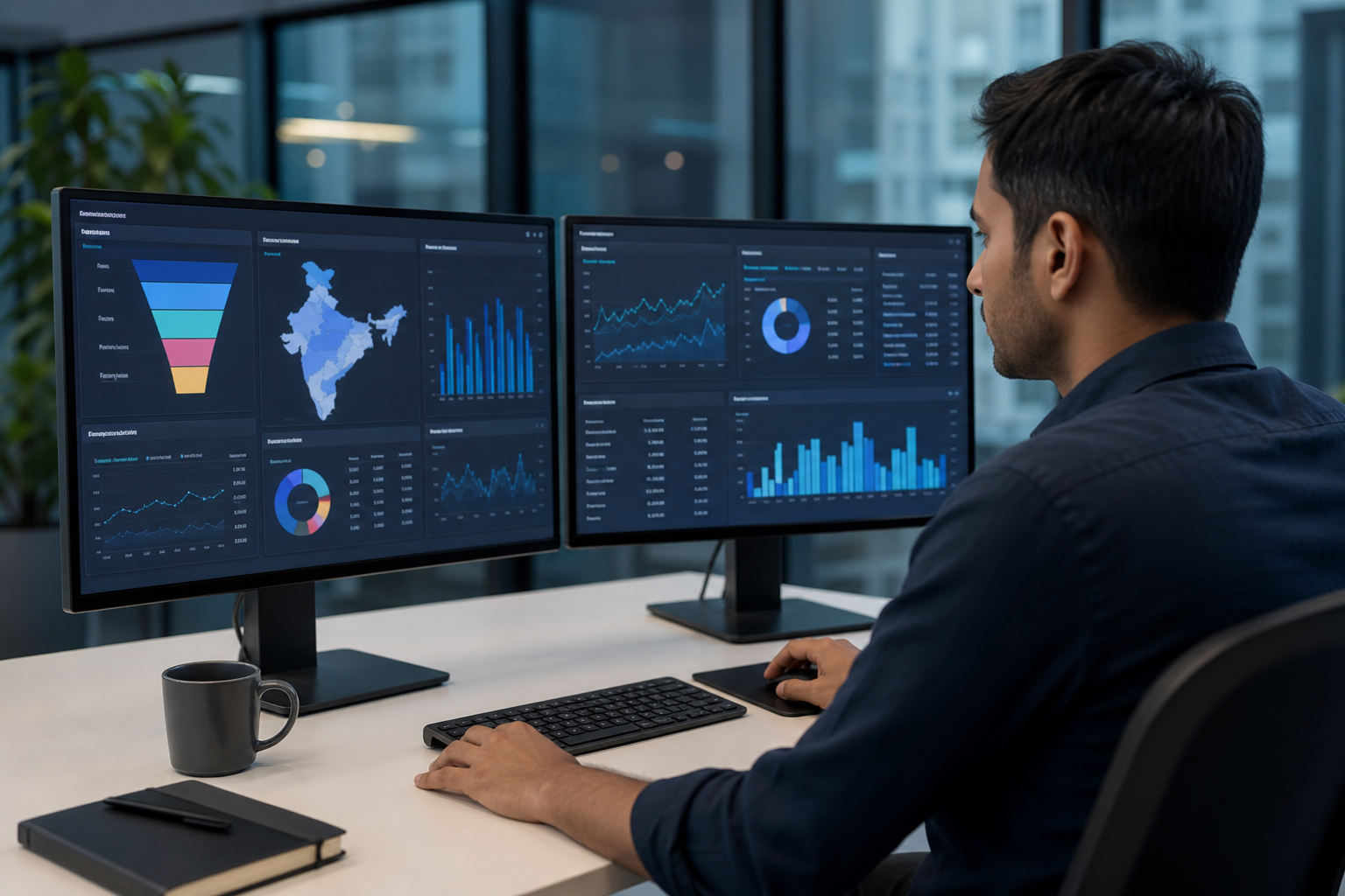 A marketing analyst reviewing multi-layered audience segmentation dashboards on dual monitors, showing funnel stages, demographic filters, and ROAS performance data in a modern office setting.