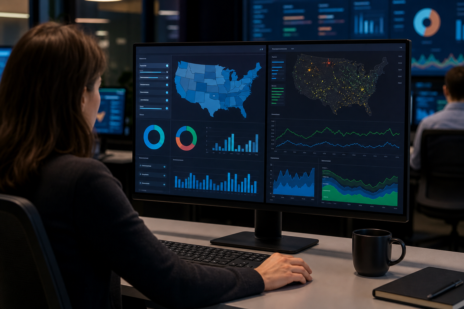 Split-screen paid ads dashboard showing audience segment filters, demographic overlays, and real-time ROAS data on a dark monitor in a modern marketing operations center