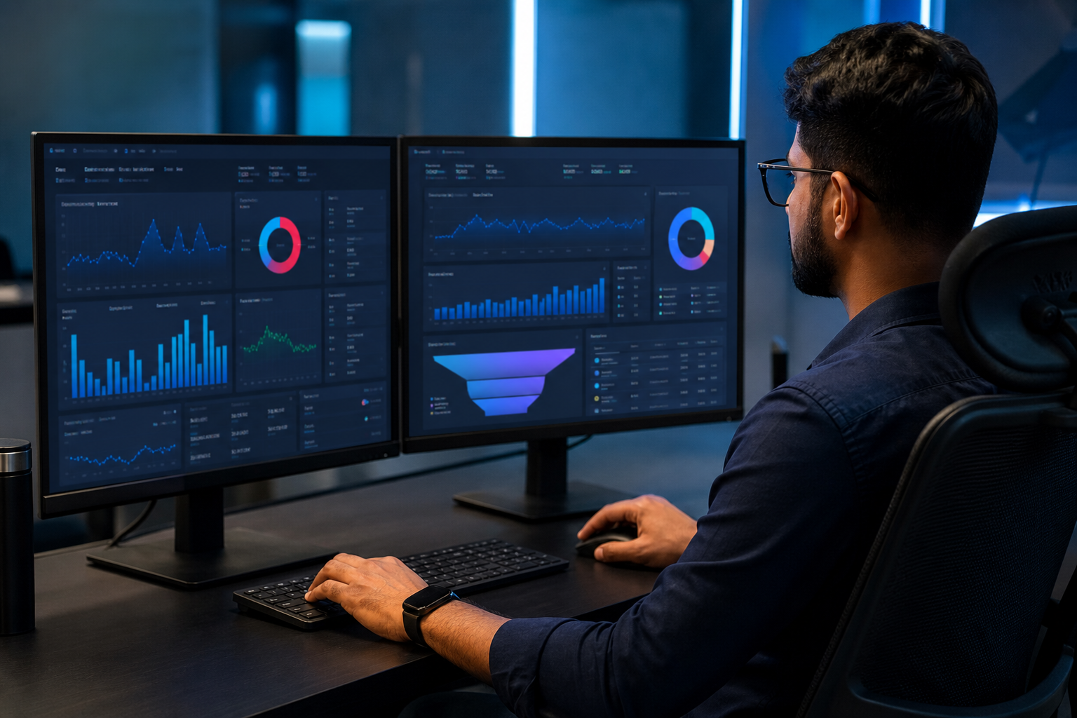 A performance marketing dashboard on dual monitors displaying live Google Ads and Meta Ads campaign metrics, ROAS graphs, and audience segmentation charts in a modern office setting with cool blue lighting