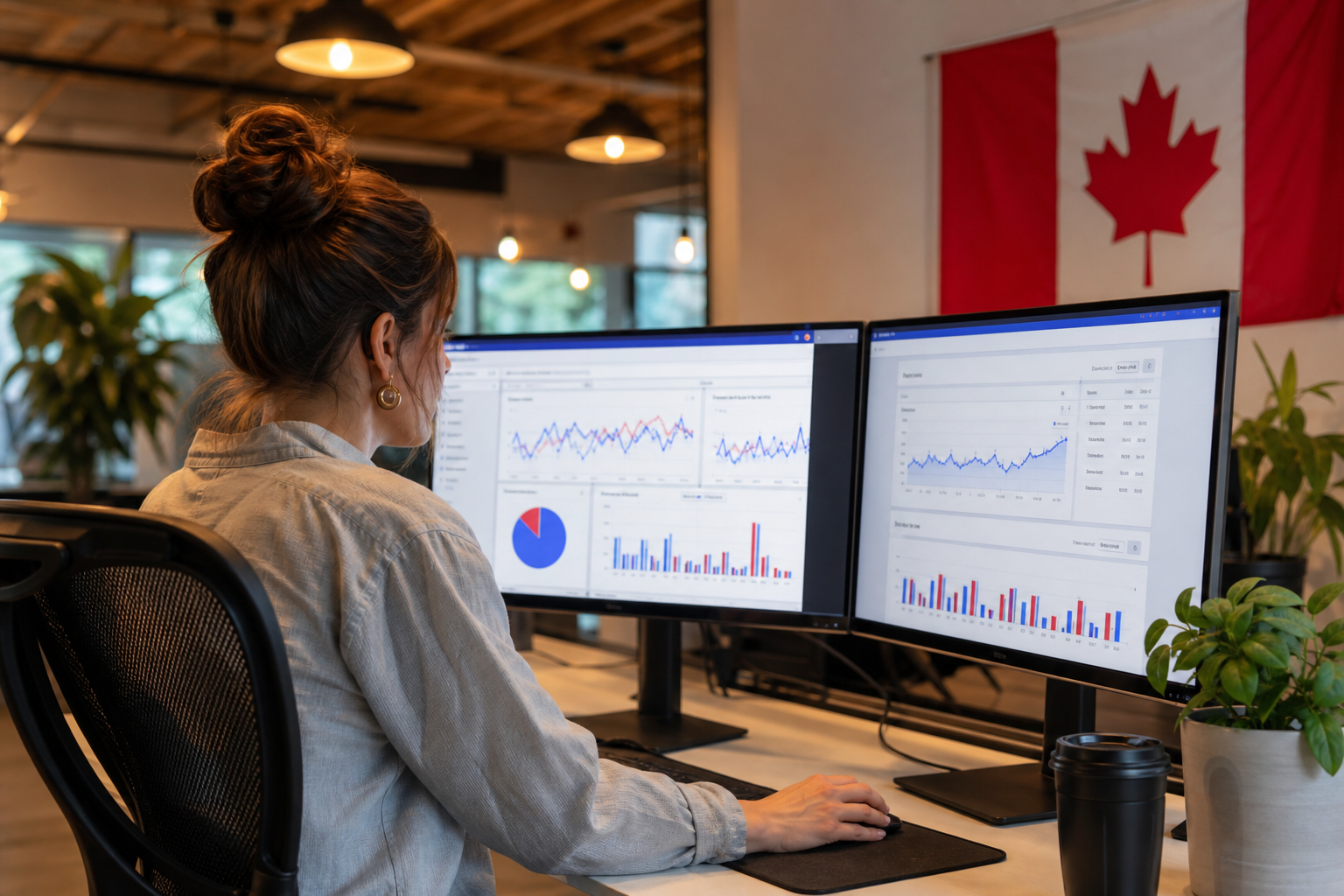 A marketing strategist reviewing live Google Ads and Meta Ads dashboards on dual monitors, campaign graphs trending upward, in a modern Canadian office with warm overhead lighting.