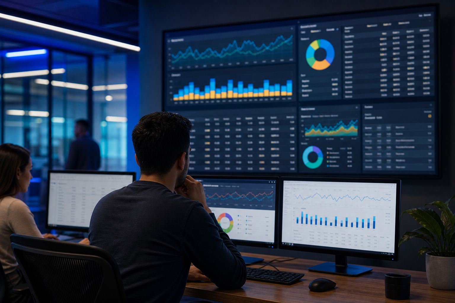 A large monitor displays live Google Ads and Meta Ads dashboards with ROAS graphs, campaign budgets, and audience segments in a modern marketing operations center lit by blue ambient lighting