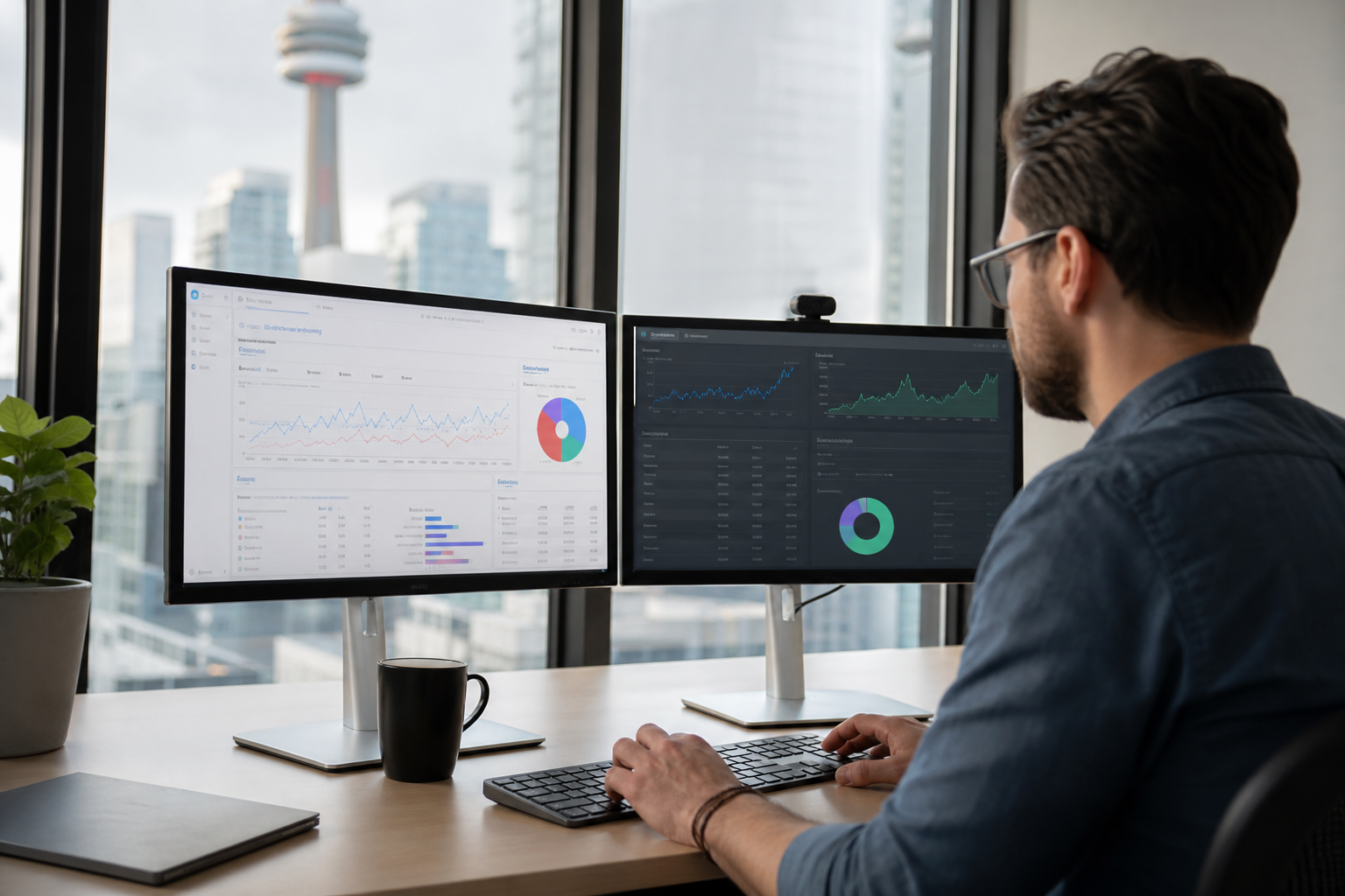 A marketing strategist reviewing live Google Ads and Meta campaign dashboards on dual monitors, with ROAS graphs trending upward, in a modern Canadian office setting with natural light.