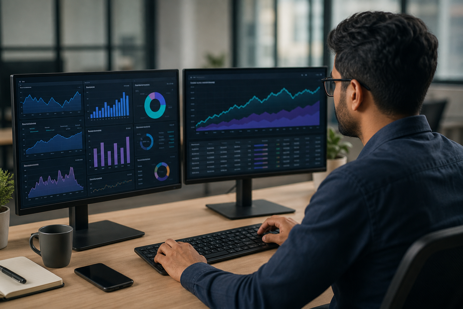 A performance marketing analyst in India reviewing a real-time ROAS dashboard on dual monitors showing campaign spend, conversion rates, and revenue impact in sharp detail