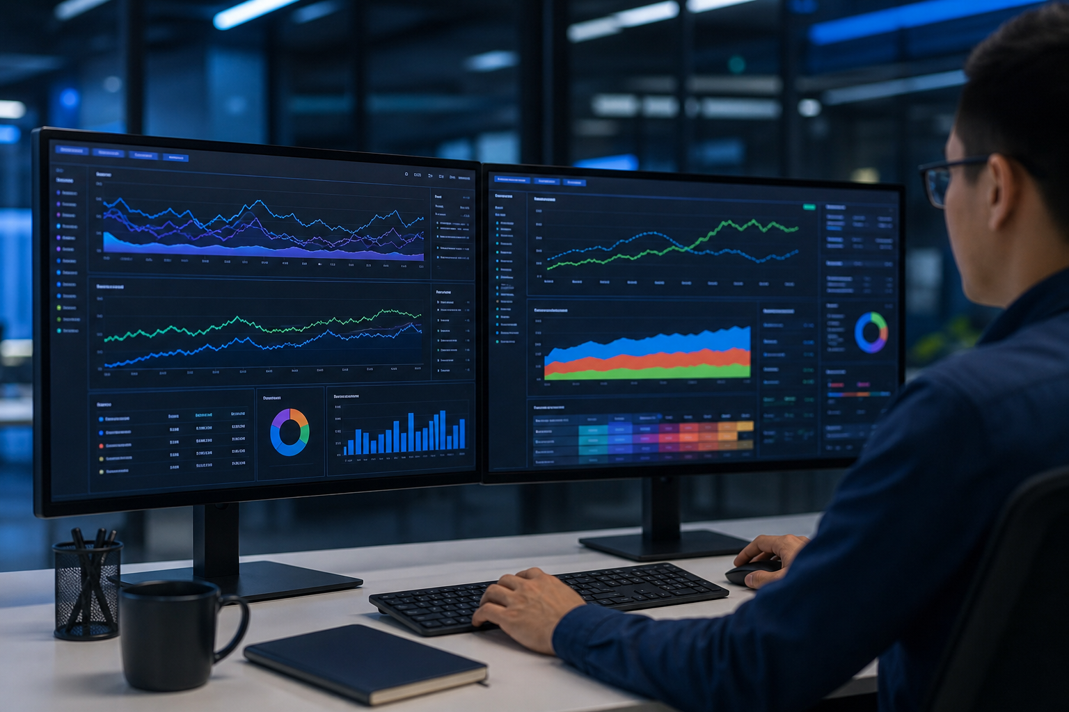A large performance dashboard showing real-time ROAS curves, CPC trend lines, and budget pacing metrics across Google and Meta campaigns on dual monitors in a modern marketing operations room.