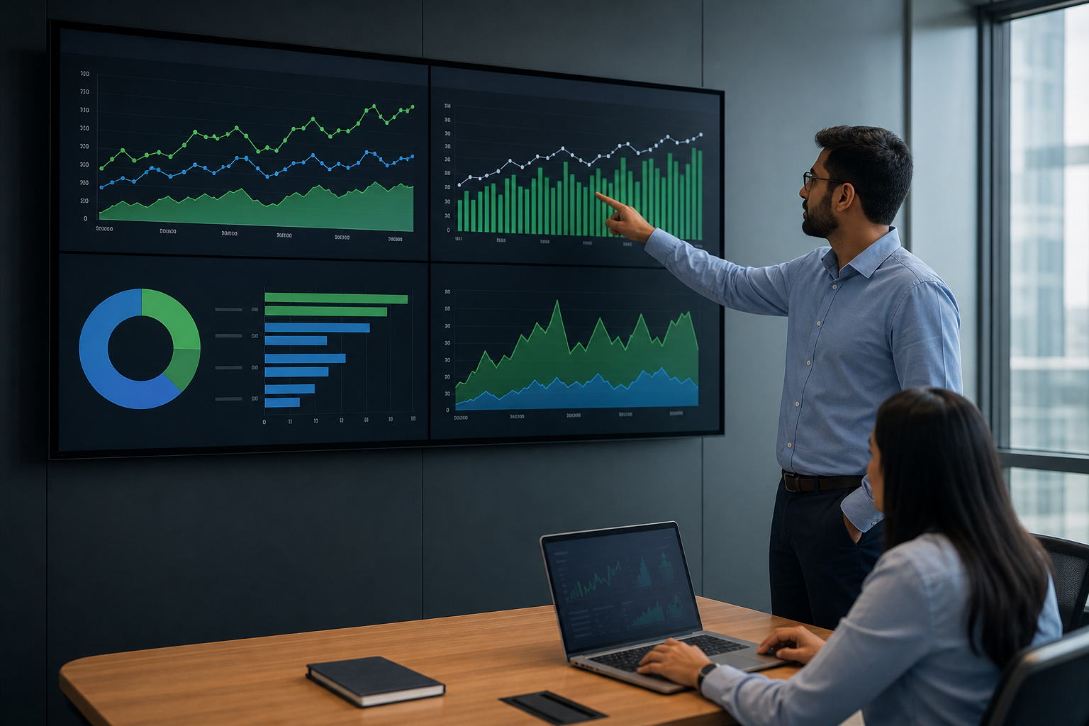 A large wall-mounted analytics dashboard in a modern office displaying real-time keyword ranking charts, organic traffic trend lines, and competitor visibility scores in green and blue
