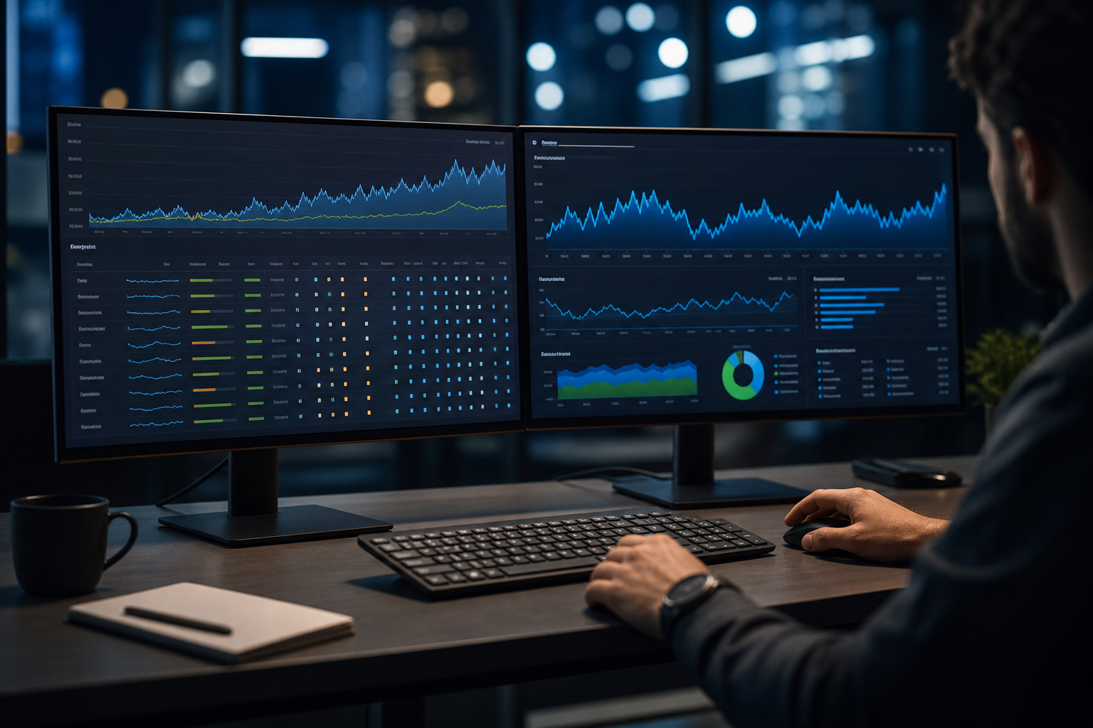 Close-up of a dual-monitor marketing workstation displaying live keyword ranking charts and organic traffic trend lines in a modern, dark-lit agency office