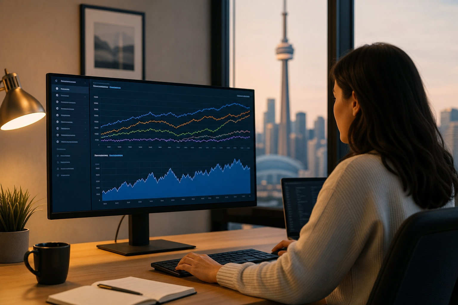 A digital dashboard displaying real-time keyword ranking charts and organic traffic trend lines on a widescreen monitor in a modern Canadian marketing office, with warm ambient lighting