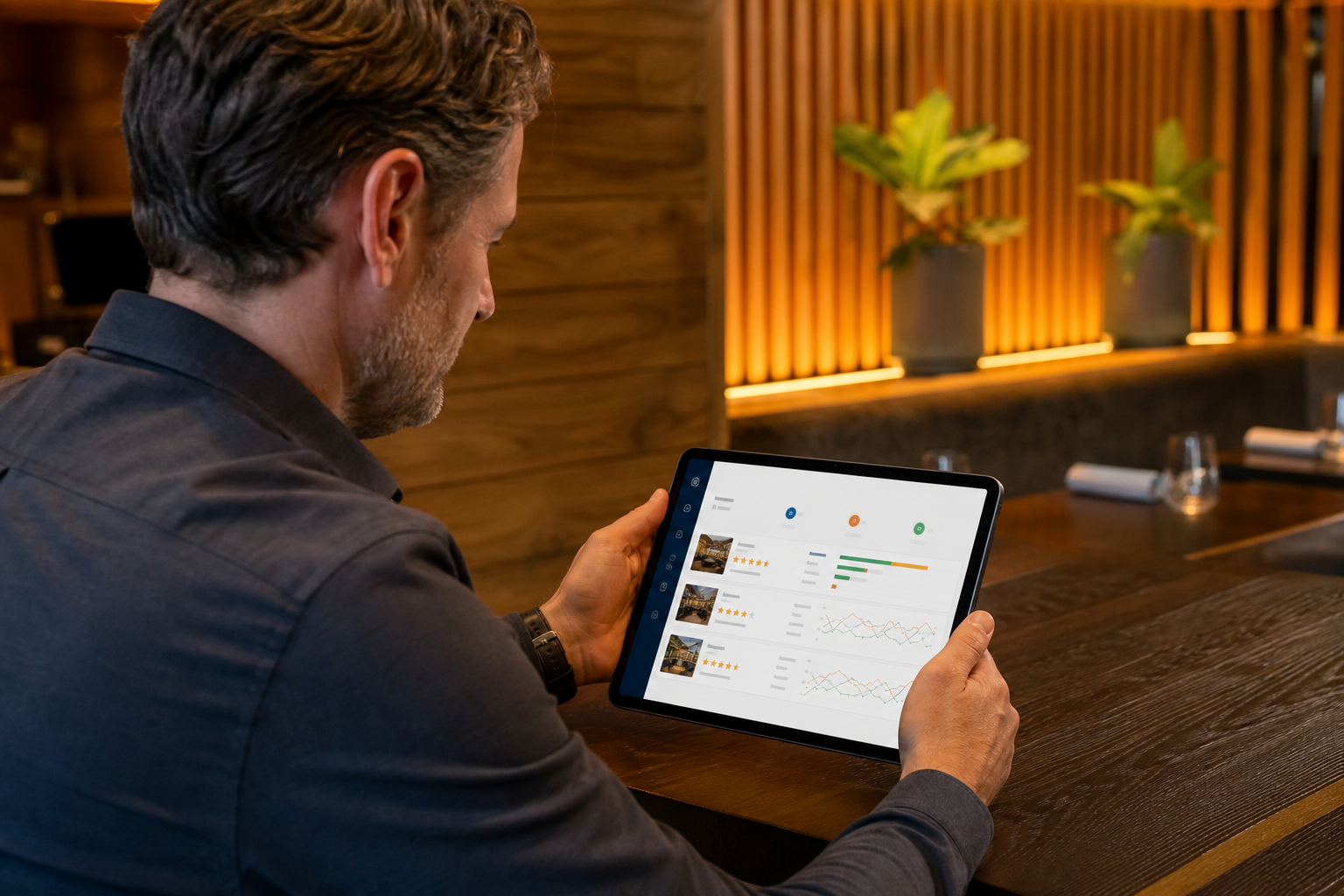 A multi-location restaurant manager reviewing a unified dashboard of Google, Yelp, and TripAdvisor ratings on a tablet, warm interior lighting, wood-panel background