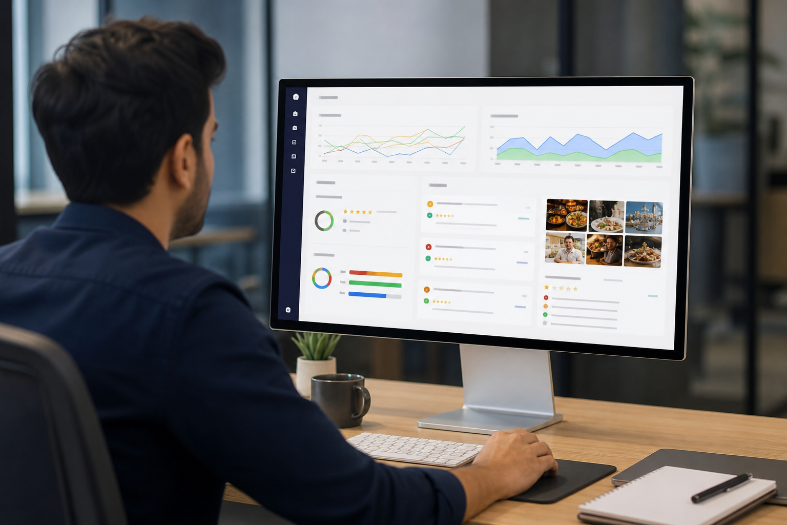 A multi-location restaurant brand's review dashboard showing star ratings, response activity, and sentiment trends across Google and TripAdvisor listings on a desktop monitor in a modern office.
