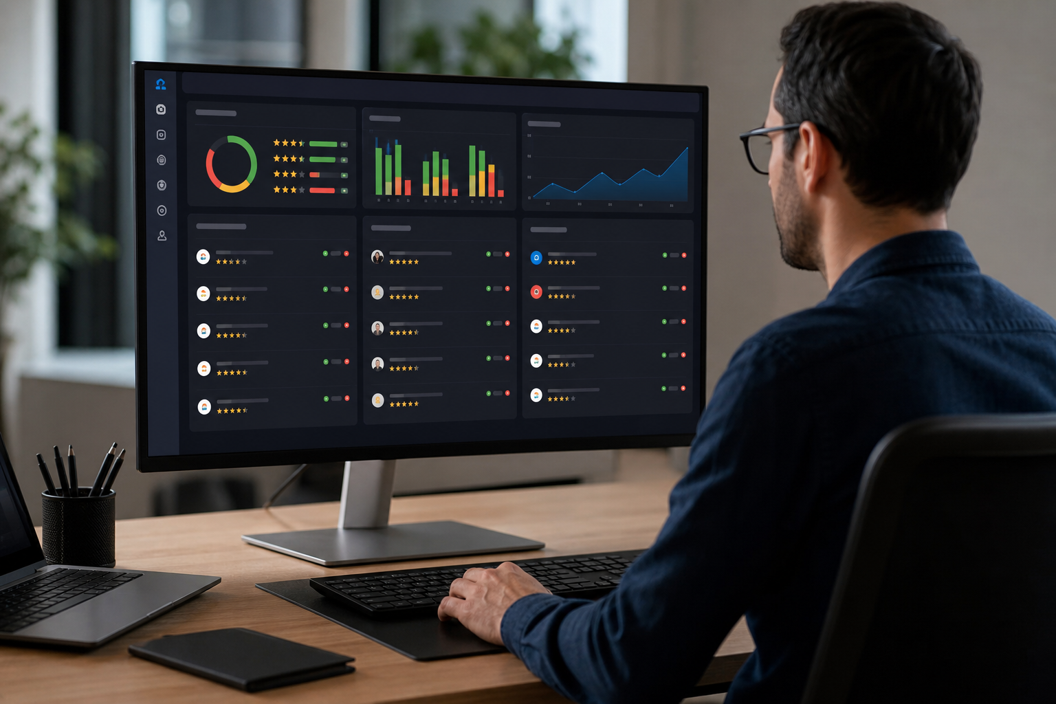 A centralized review management dashboard displaying star ratings, sentiment scores, and incoming reviews from Google, Yelp, and TripAdvisor across multiple business locations on a dark-themed monitor.
