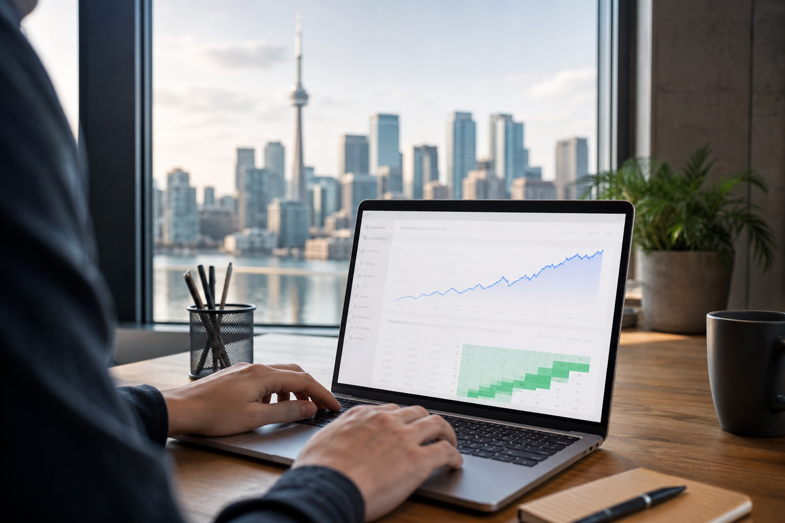 A Canadian city skyline reflected on a laptop screen showing a rising organic traffic graph and keyword ranking positions climbing in a search console dashboard