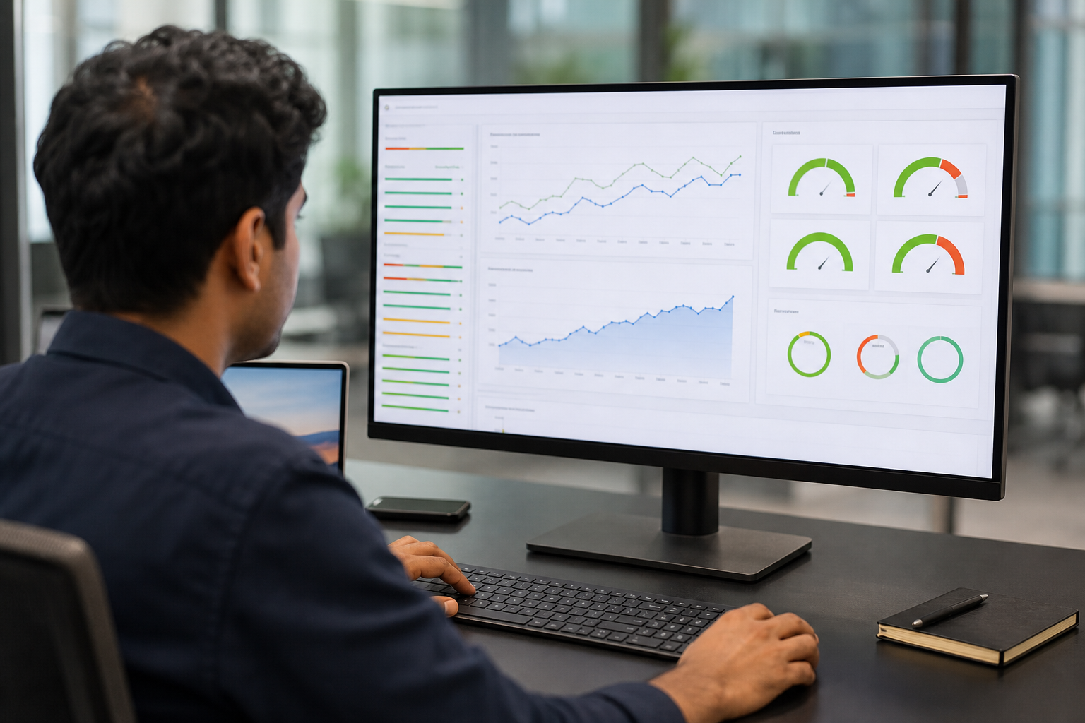 A digital dashboard showing keyword rankings, organic traffic growth charts, and on-page SEO audit scores across multiple business locations on a wide monitor in a modern office setting