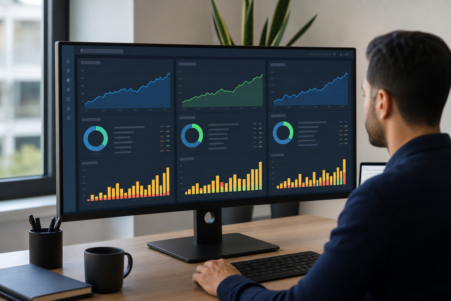 A multi-location business dashboard displaying keyword rankings, organic traffic growth charts, and on-page SEO audit results across multiple city locations on a wide monitor