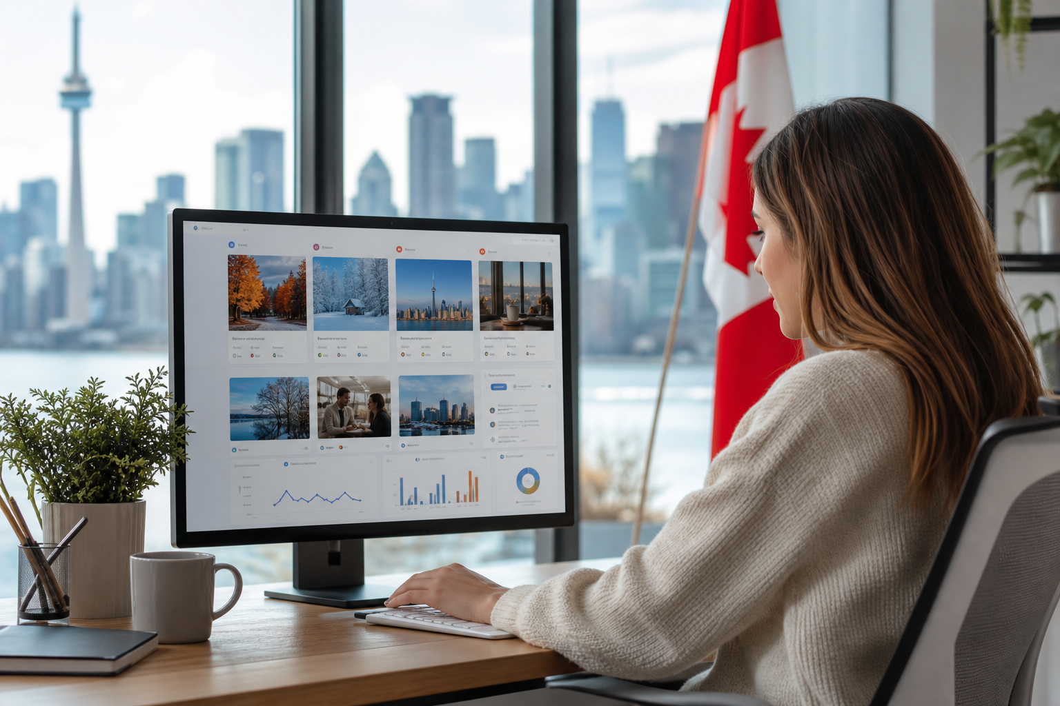 A content strategist reviewing a scheduled social media calendar on a large monitor, showing Instagram and LinkedIn post previews with engagement metrics in a bright Canadian studio office