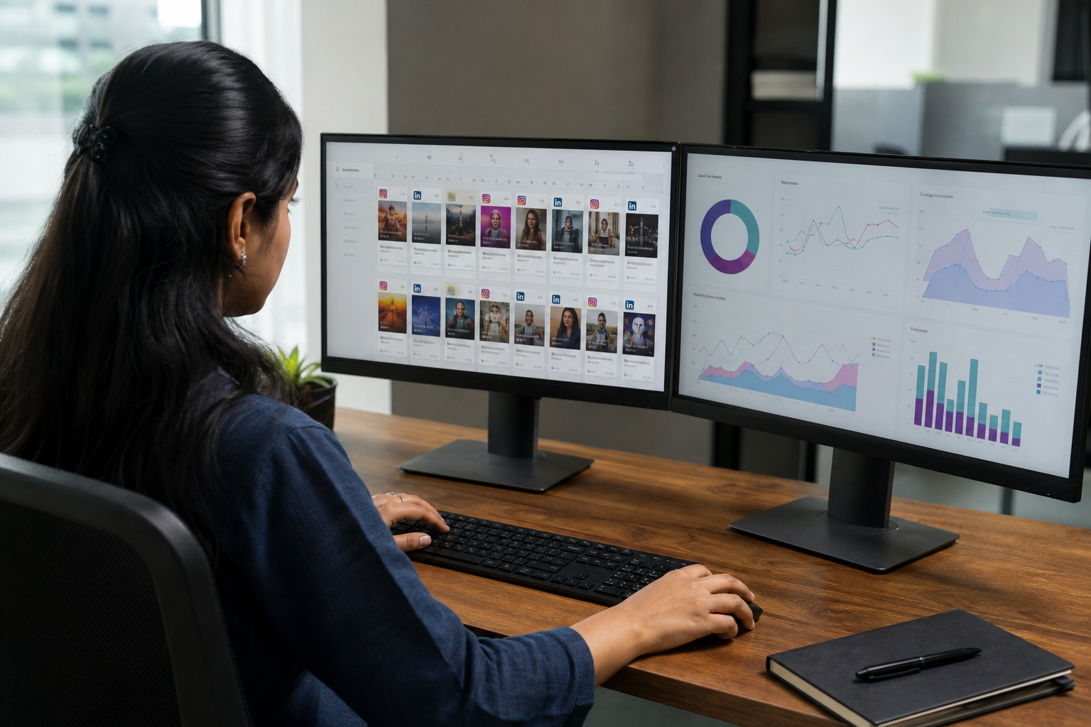 Content strategist reviewing a scheduled Instagram and LinkedIn post calendar on a dual-monitor setup, with analytics dashboards showing engagement metrics in a modern office in India